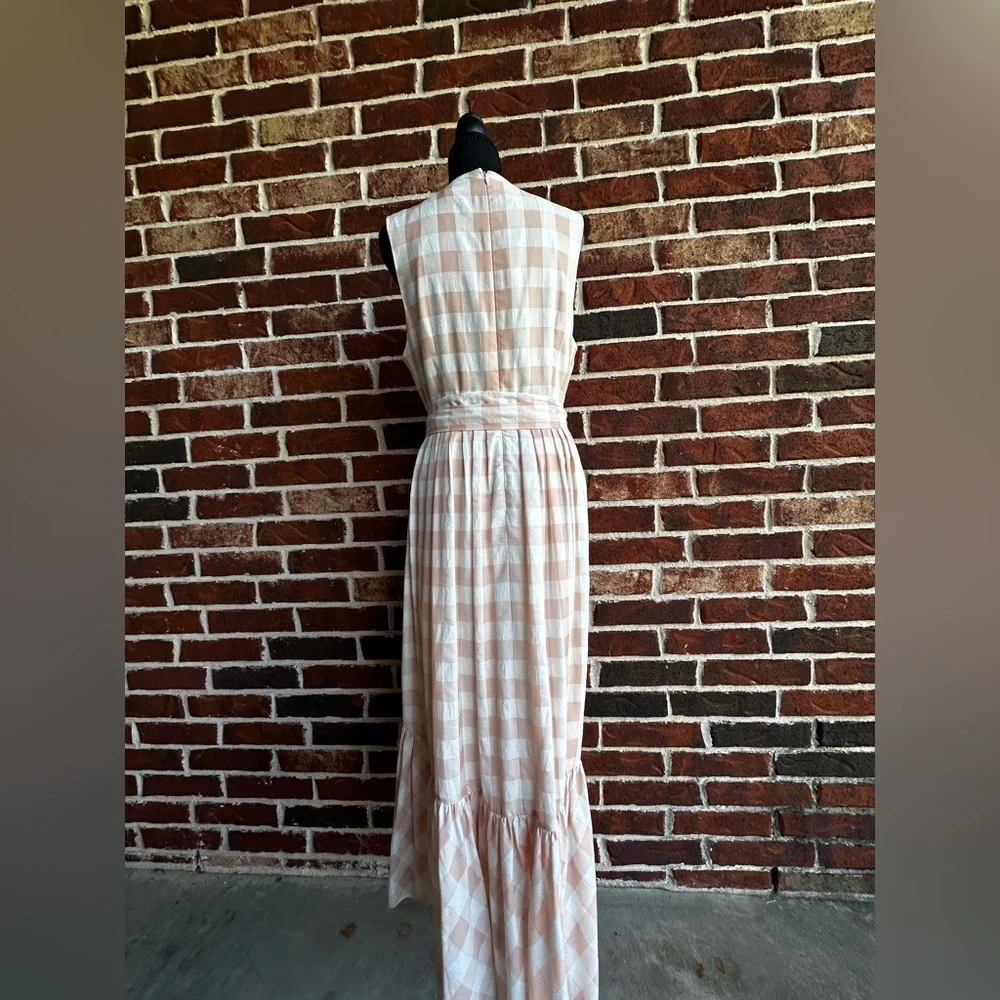 ANTONIO MELANI Peach & White Checked Sleeveless Maxi Dress with Waist Tie - Picture 2 of 5